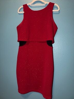 Sparkly Honey and Rosie Red Sleeveless Overlay Midi Dress
